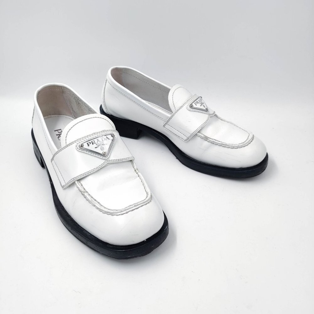 Prada Logo Plaque Brushed Loafers in White 36 6